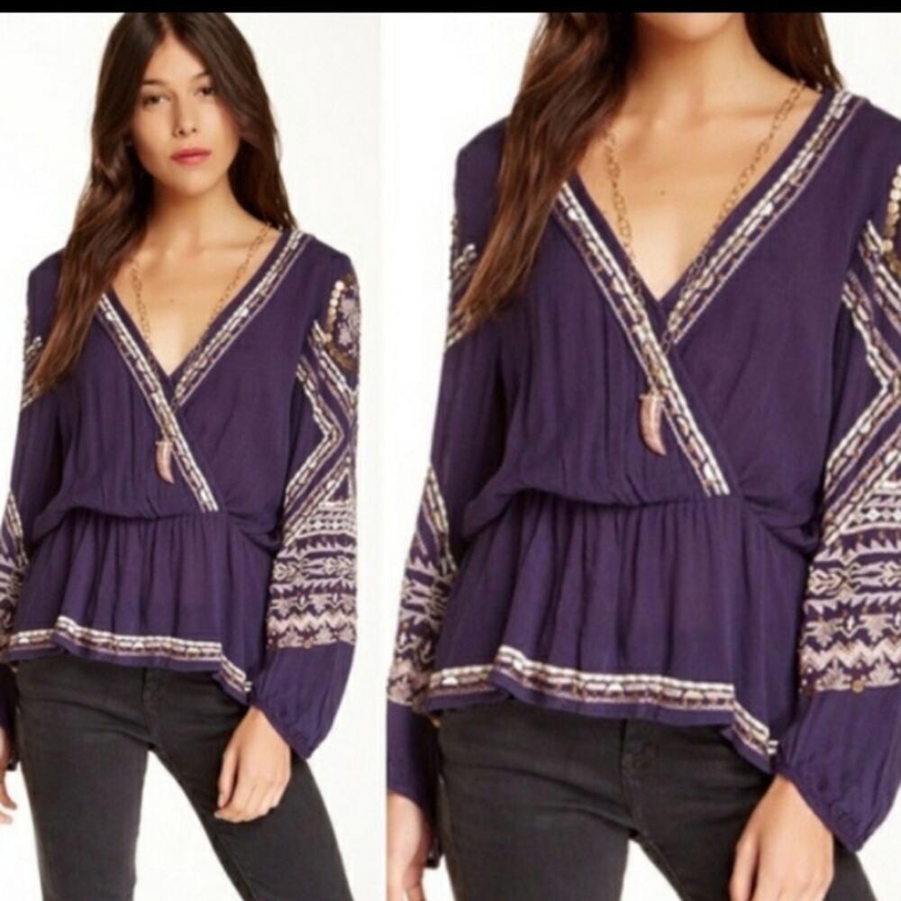 Free People Top Sz L PURPLE Sequins Embroidered Puff BohemianTunic Gypsy Fairy